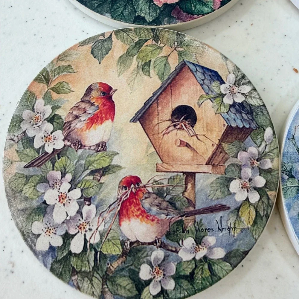 CoasterStone Carolyn Shores Wright Bird Birdhouse Rose Absorbent Coasters Set 4